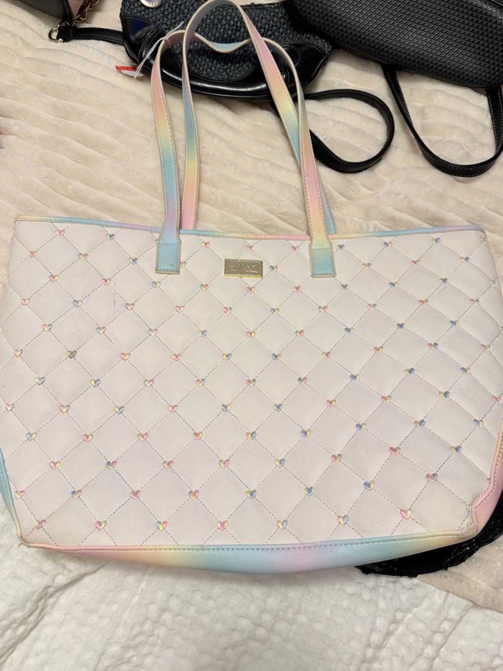 Betsey Johnson White Quilted Tote with Pastel Rainbow Trim